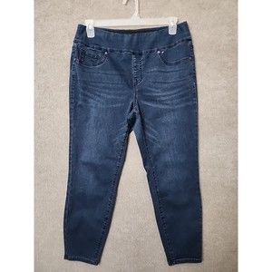 DG2 Diane Gilman Flex Stretch Pull On Jeans Womens L Blue Dark Wash Tapered Leg